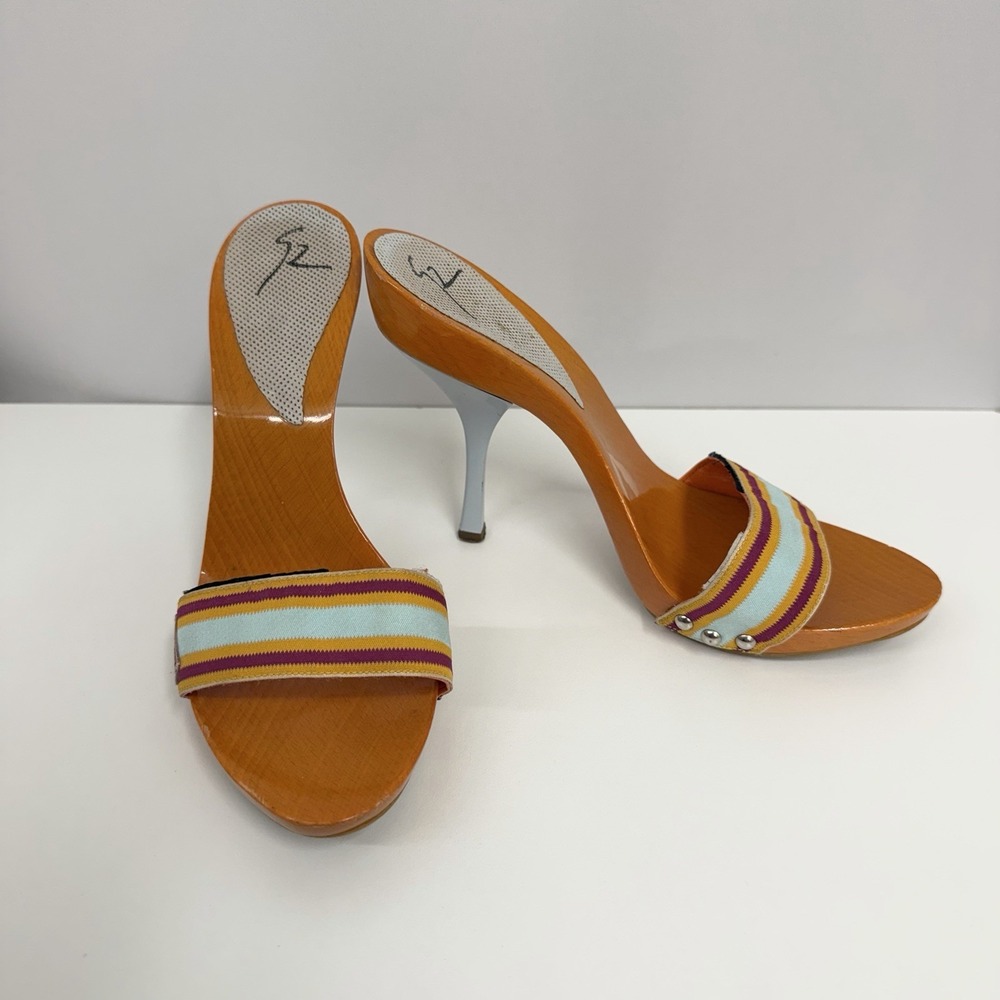 GZ Giuseppe Zanotti Lacquered Wood Striped Fabric High Heels Shoes Vicini 35 1/2